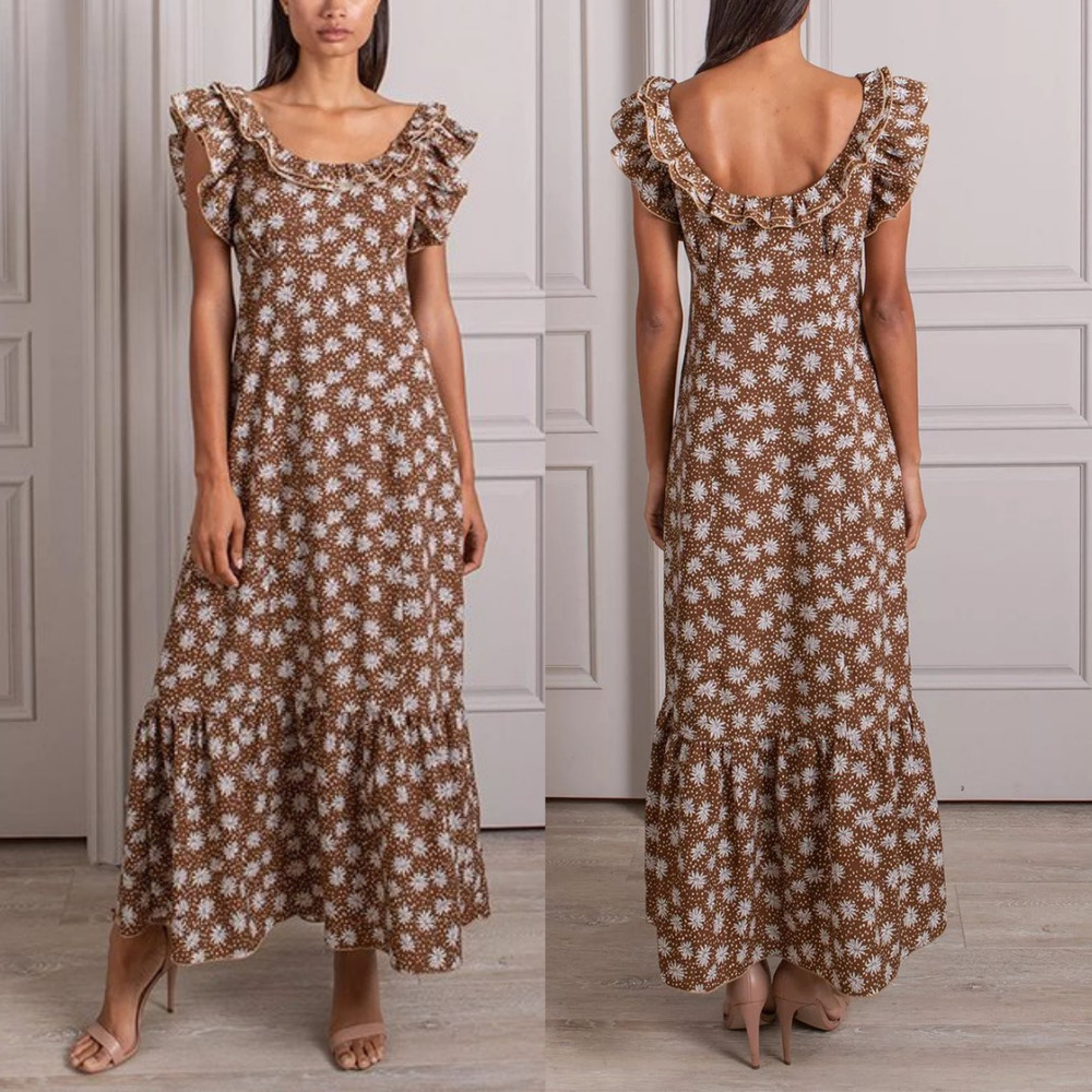 Senlis Josephine Ruffle Floral Brown White Maxi Dress Size L